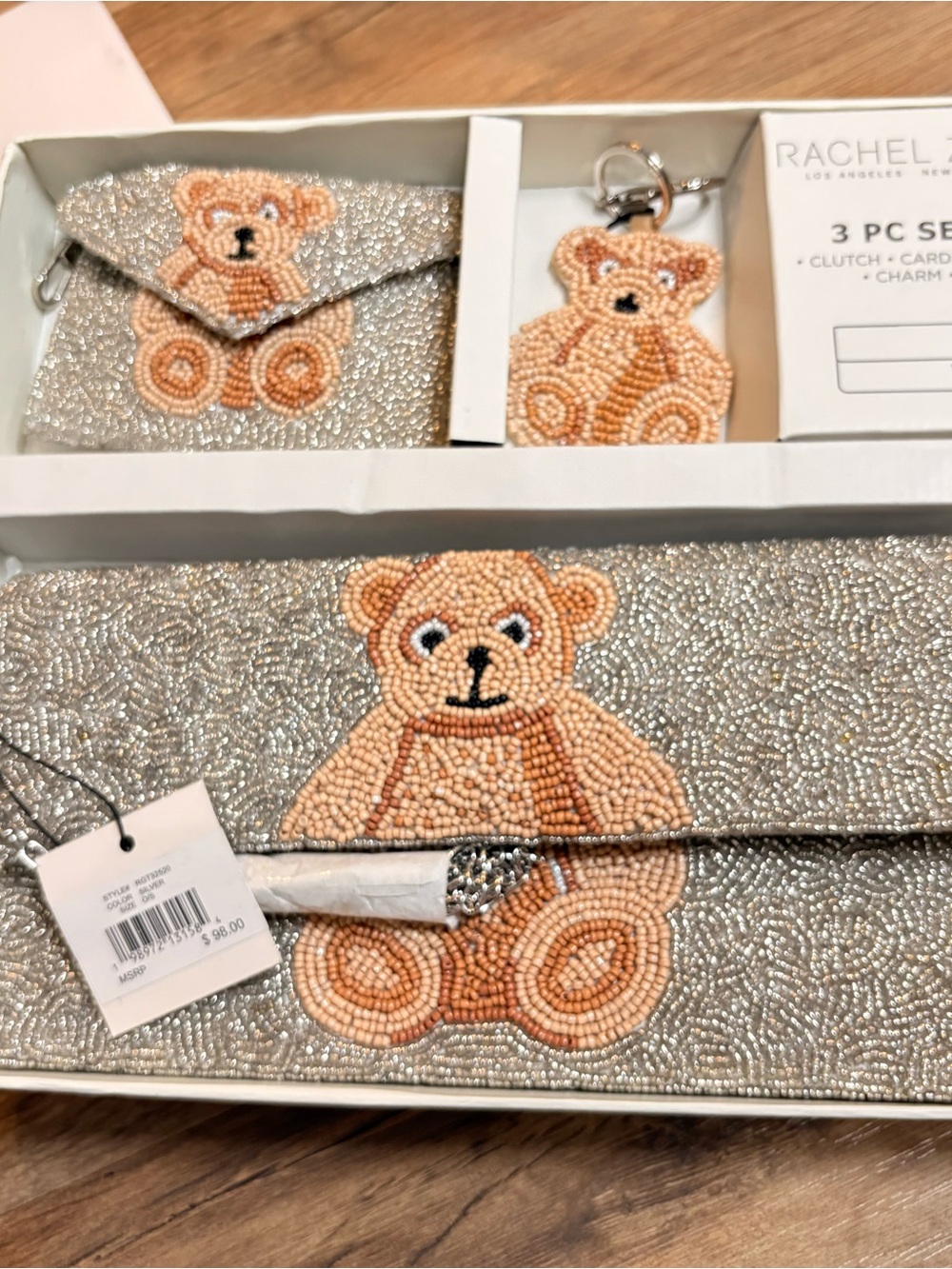 Rachel Zoe Silver Beaded Clutch, Card Wallet & Teddy Keychain Set